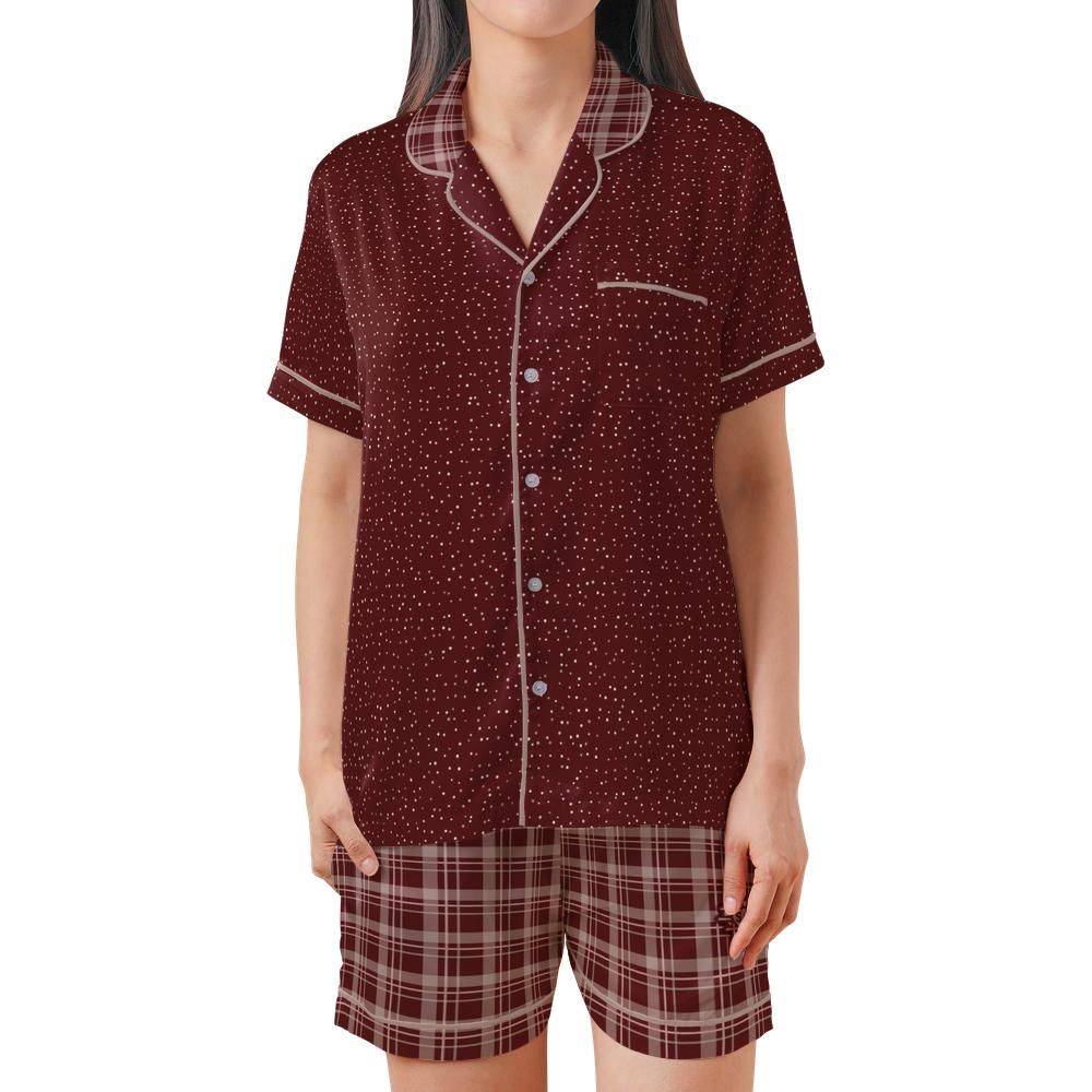 Front view of the Maroon & Cream satin pajama set on a model against a white background