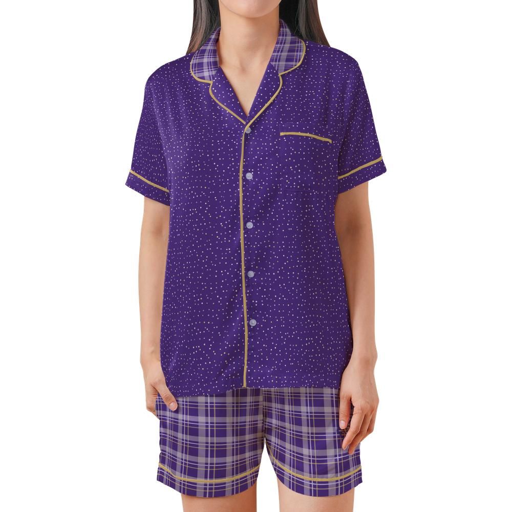 Front view of the Lavender & Butter satin pajama set on a model against a white background