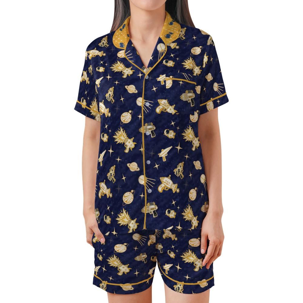 Front view of the Space Raygun satin pajama set on a model against a white background