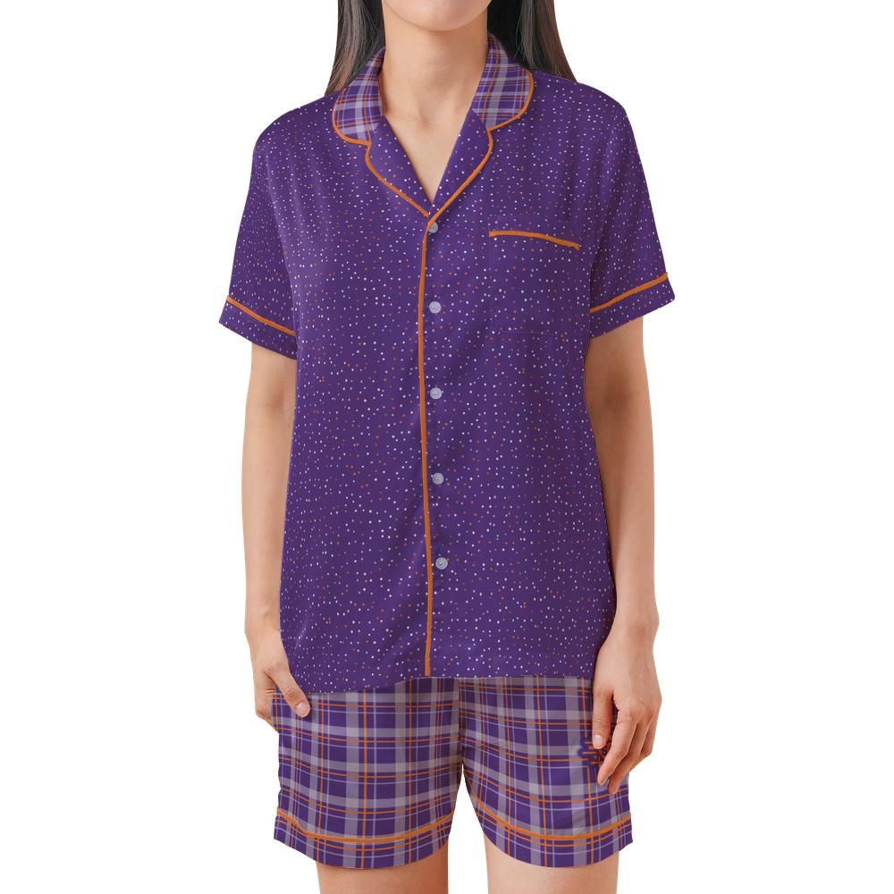 Front view of the Orange & Plum satin pajama set on a model against a white background