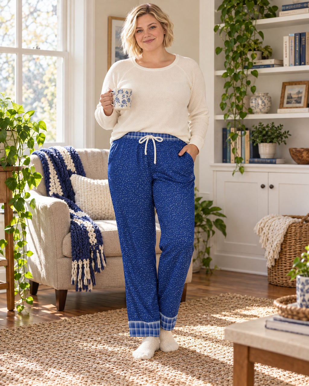 Woman in a different size standing in a cozy living room wearing the Royal & White satin pajama pants with a cream knit top