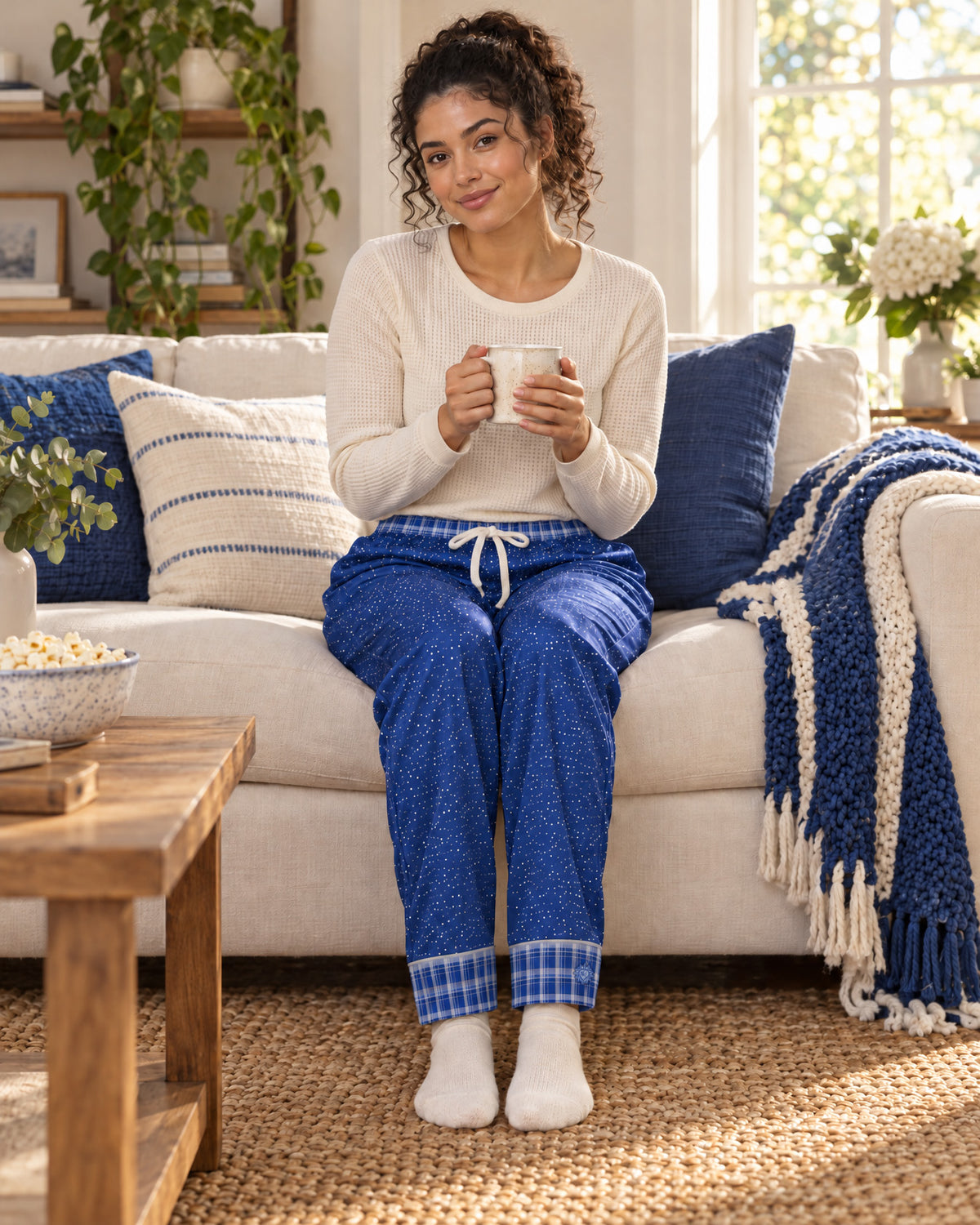 Woman sitting on a sofa holding a mug, wearing the Royal & White satin pajama pants with a cream knit top and showing the plaid cuffs