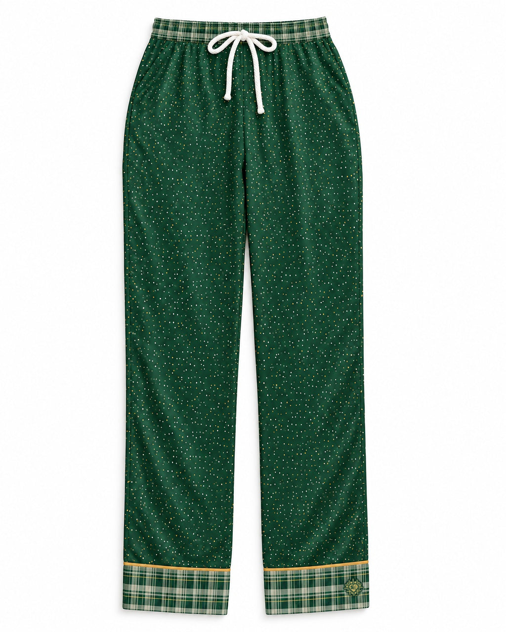 Sage & Honey satin pajama pants laid flat on white: deep forest-green satin with tiny honey-gold and white dots, plaid waistband and cuffs, white drawstring bow