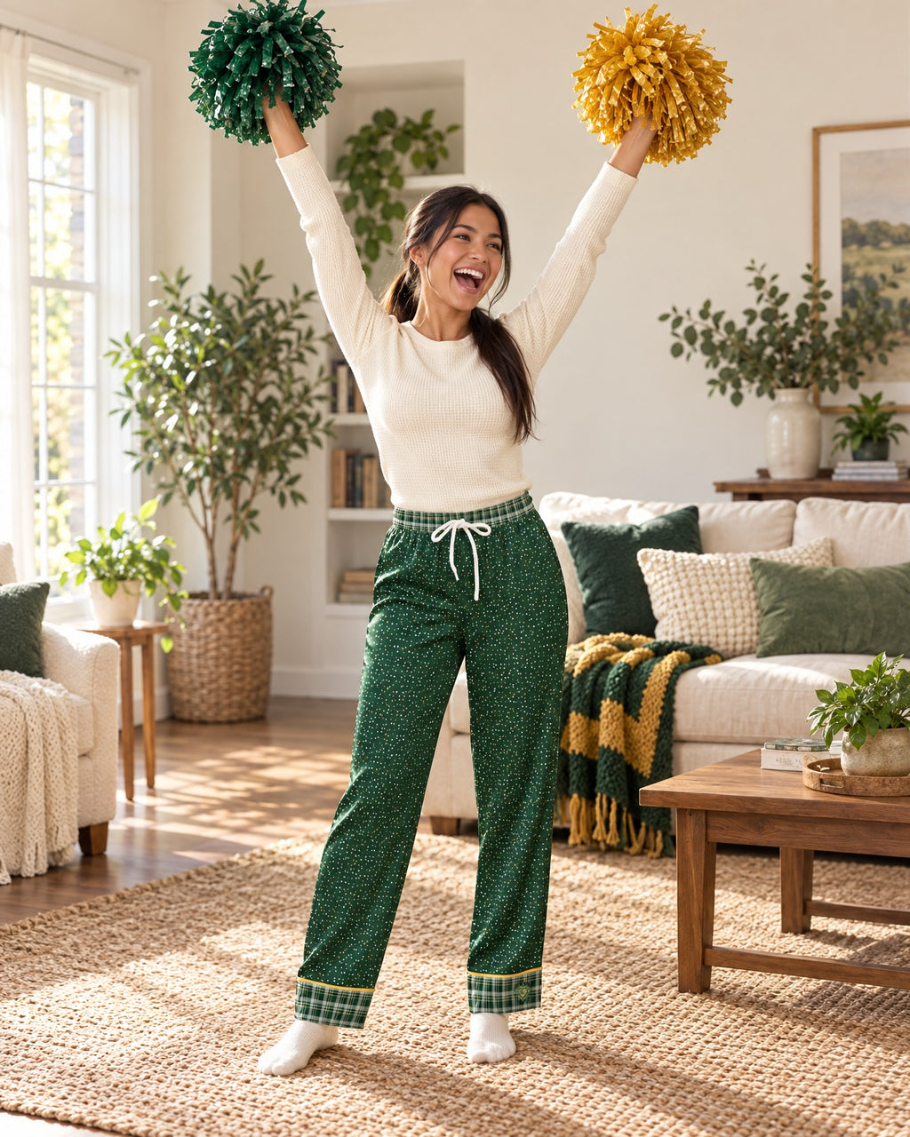 Woman cheering with both arms raised and plain pom-poms in the Sage & Honey satin pajama pants and a cream knit top