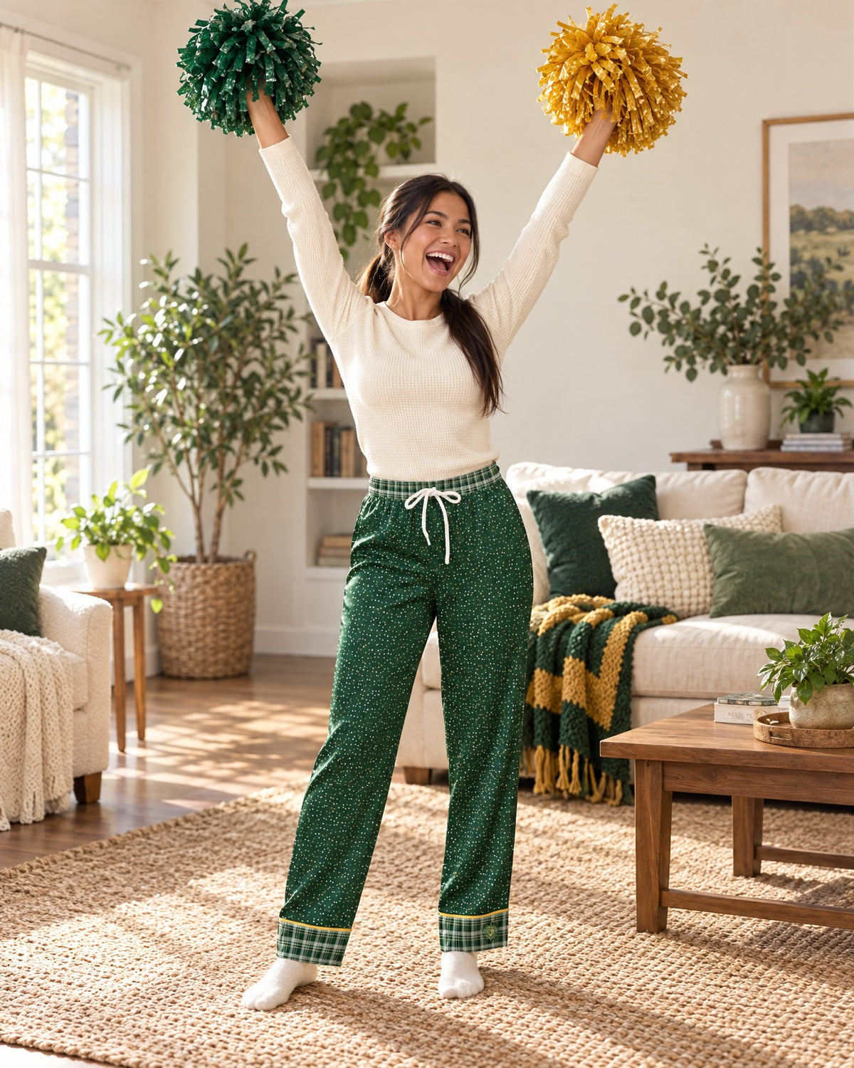 Woman cheering with both arms raised and plain pom-poms in the Sage & Honey satin pajama pants and a cream knit top