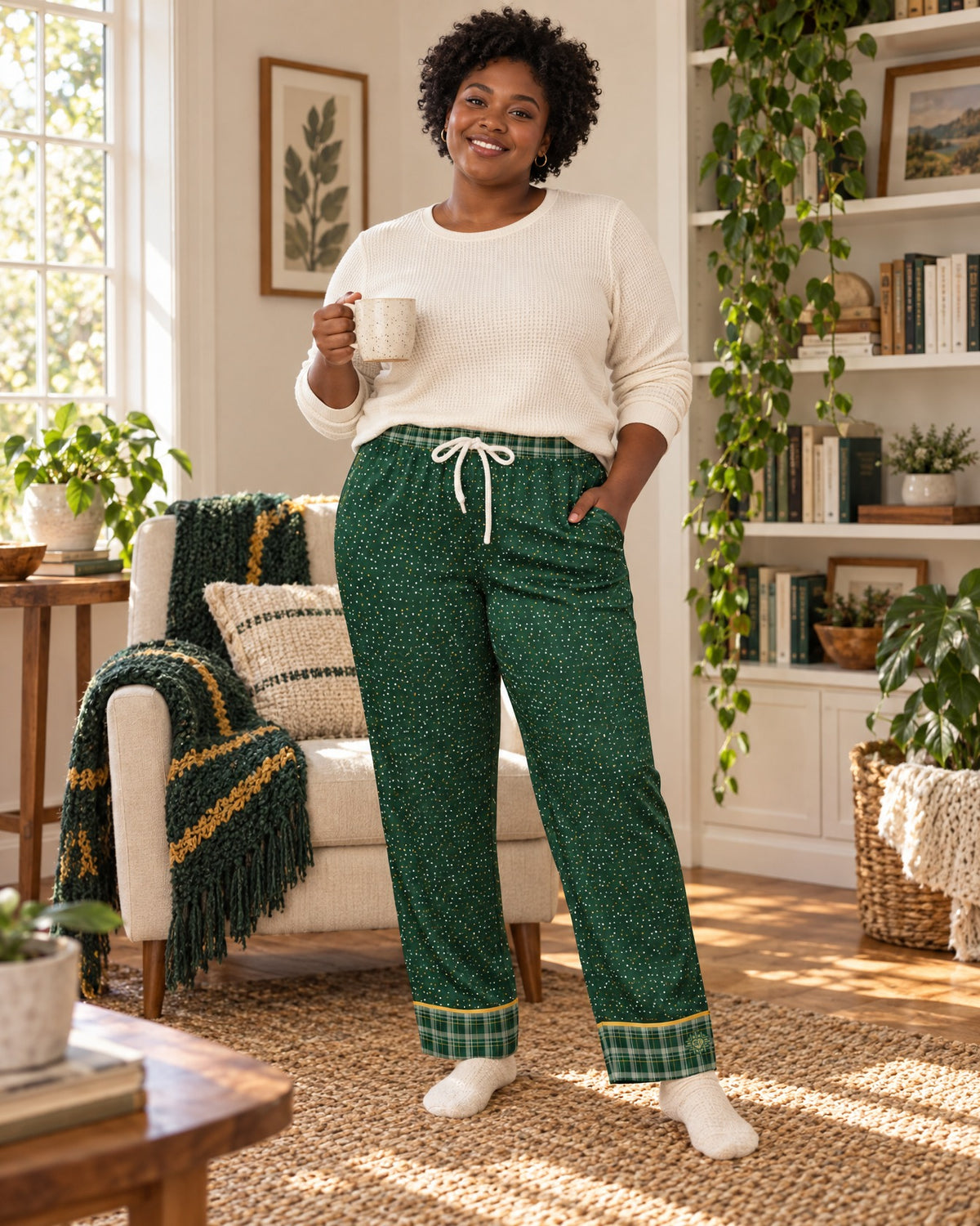 Woman in a different size standing in a cozy living room wearing the Sage & Honey satin pajama pants with a cream knit top
