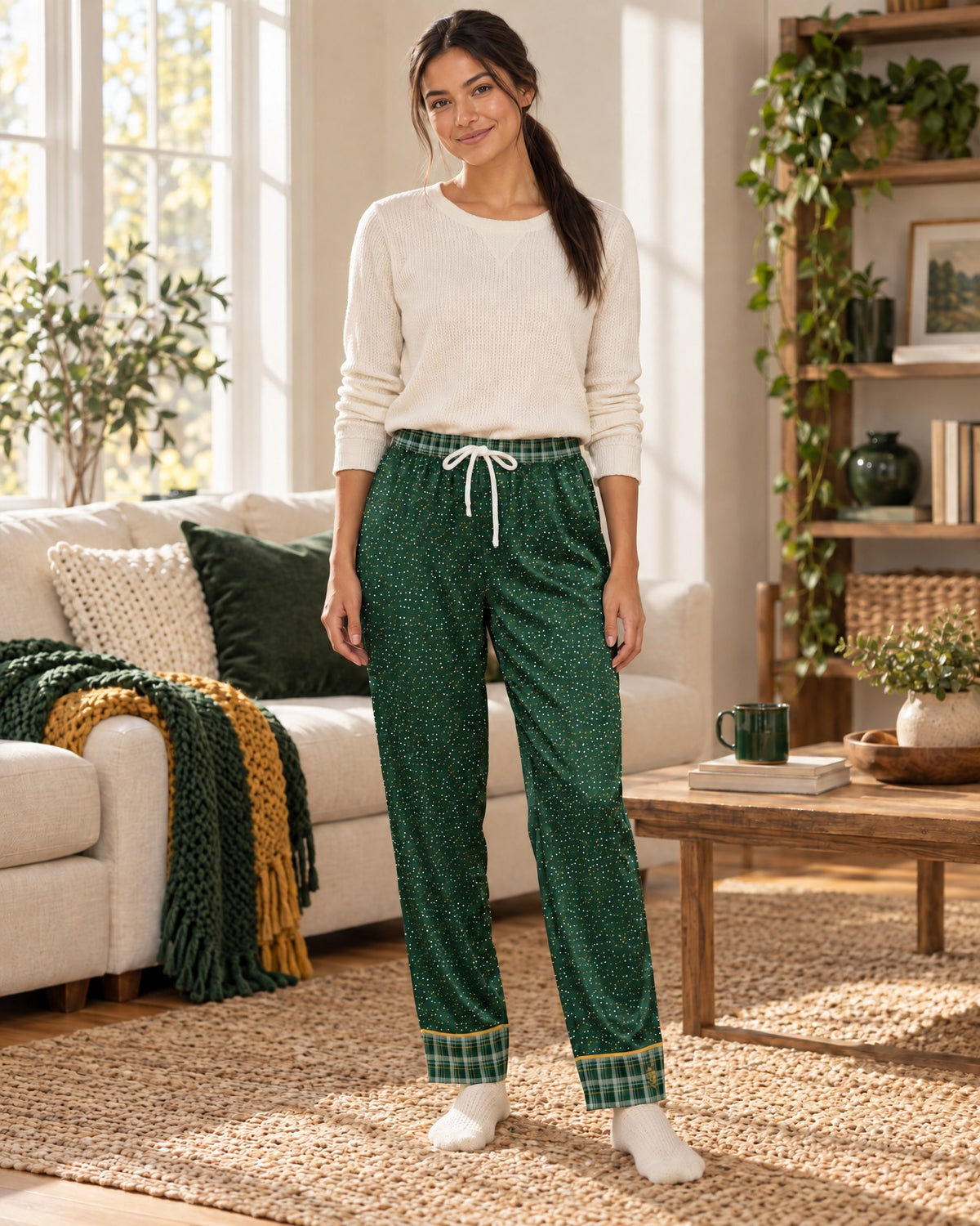 Woman standing in a sunlit living room wearing the Sage & Honey satin pajama pants with a cream knit top