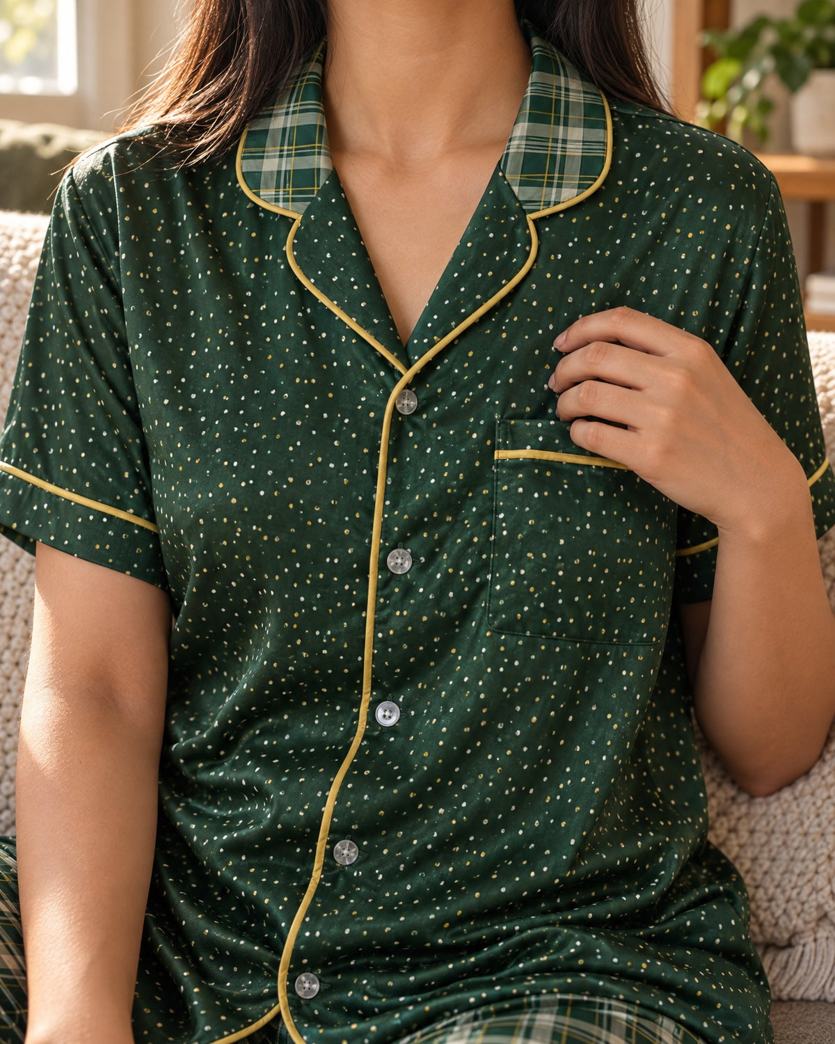 Close-up of the Sage & Honey pajama top: forest green and pale sage plaid with thin honey-gold lines collar, dotted lapels, chest pocket and honey-gold piping