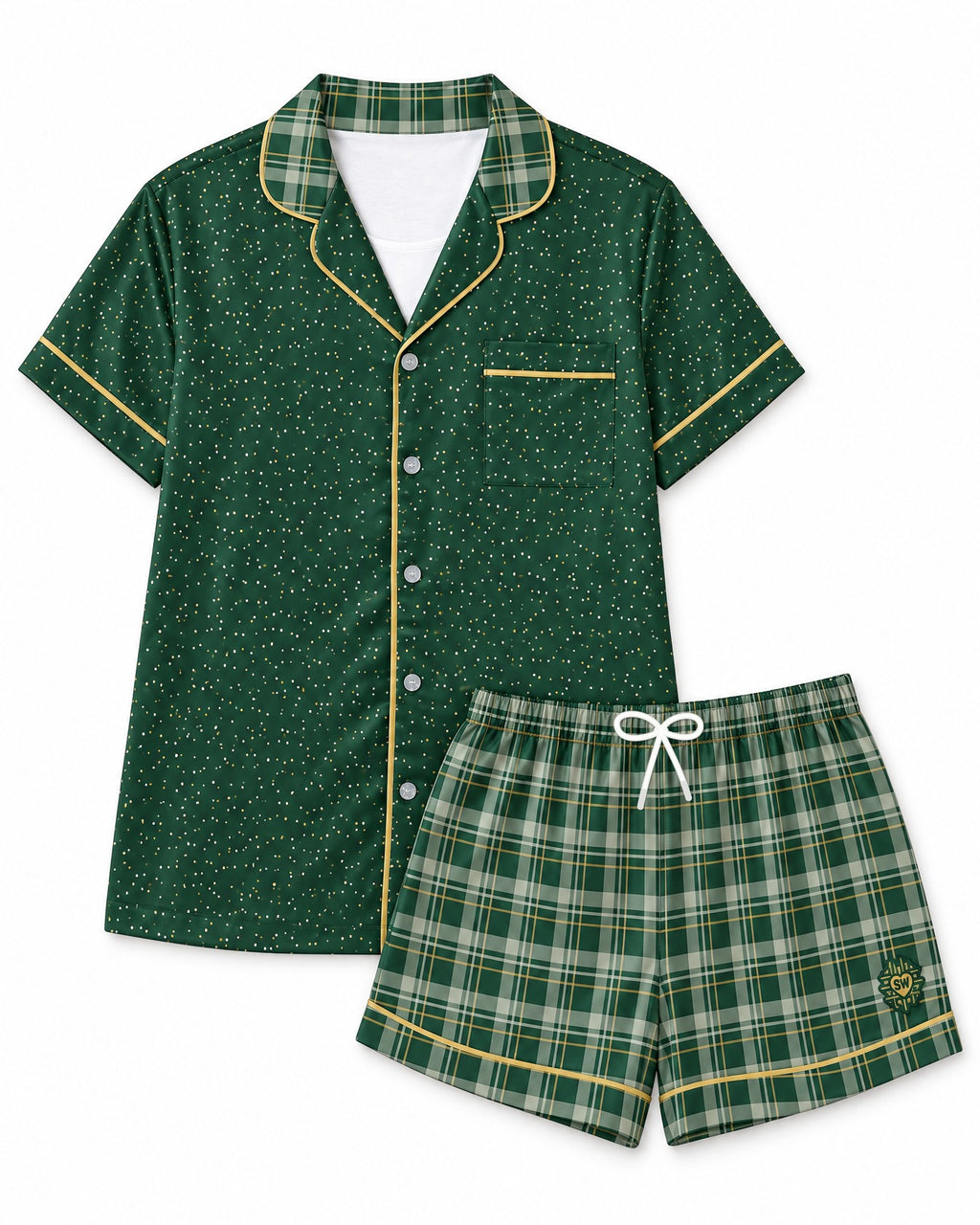 Sage & Honey satin pajama set laid flat on white: deep forest-green top, forest green and pale sage plaid with thin honey-gold lines shorts, white drawstring