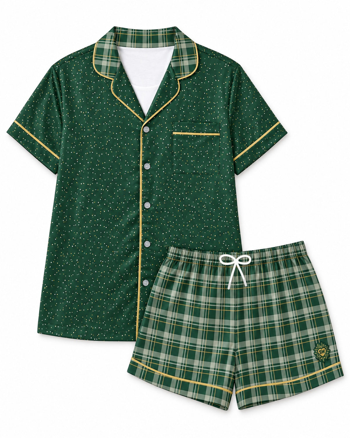 Sage & Honey satin pajama set laid flat on white: deep forest-green top, forest green and pale sage plaid with thin honey-gold lines shorts, white drawstring