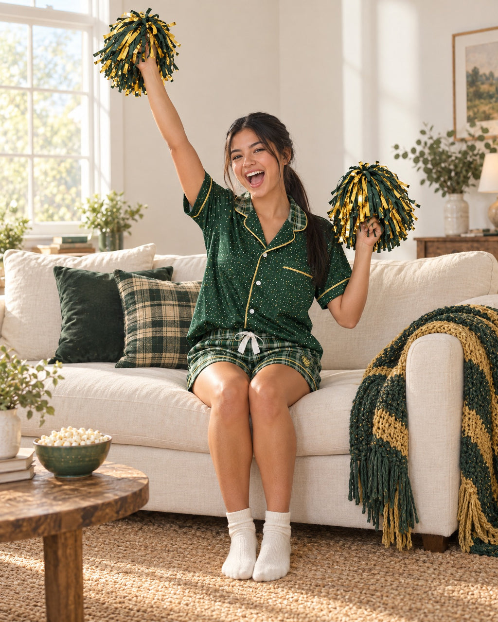 Woman cheering on a sofa in the Sage & Honey satin pajama set holding team-color pom-poms