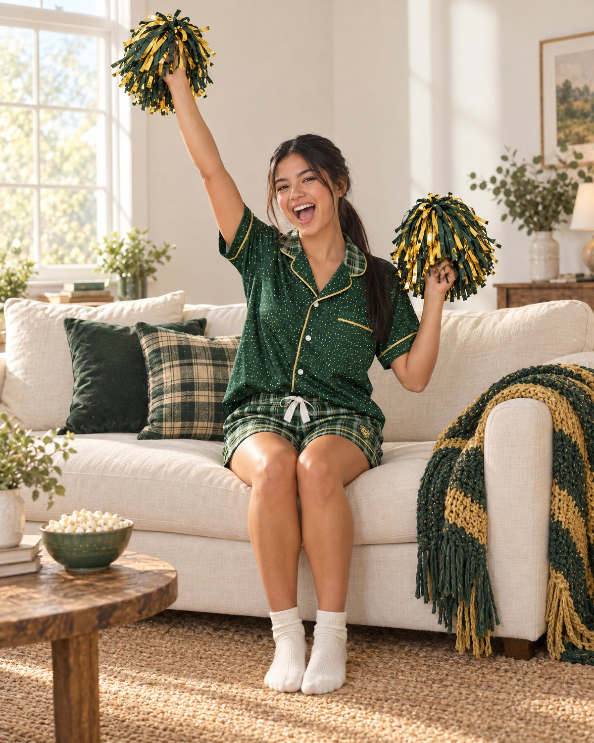 Woman cheering on a sofa in the Sage & Honey satin pajama set holding team-color pom-poms
