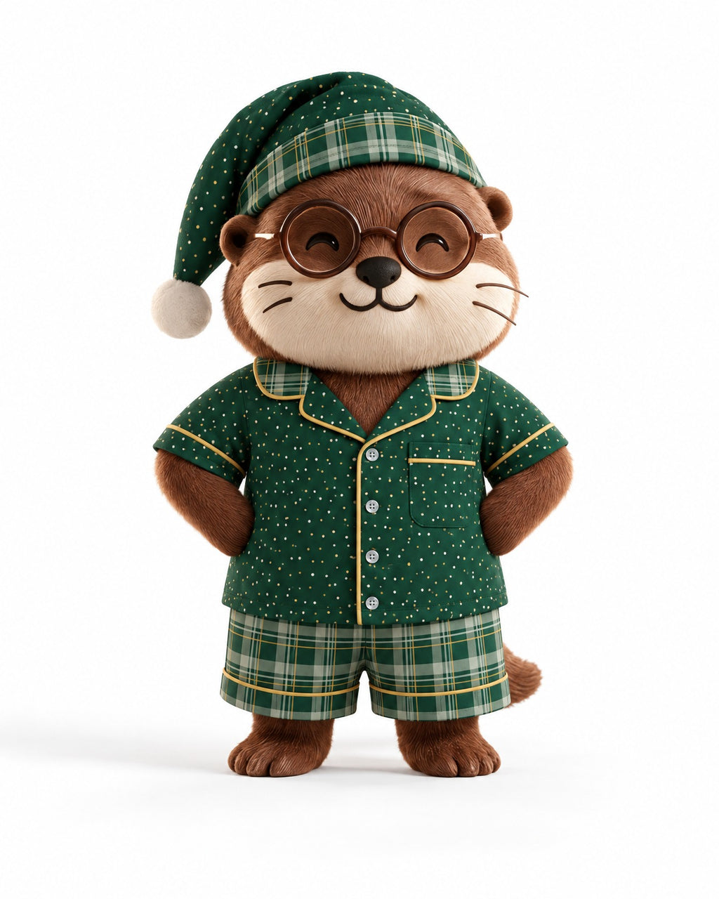 Waffles the otter mascot wearing a matching Sage & Honey pajama set and nightcap on a white background