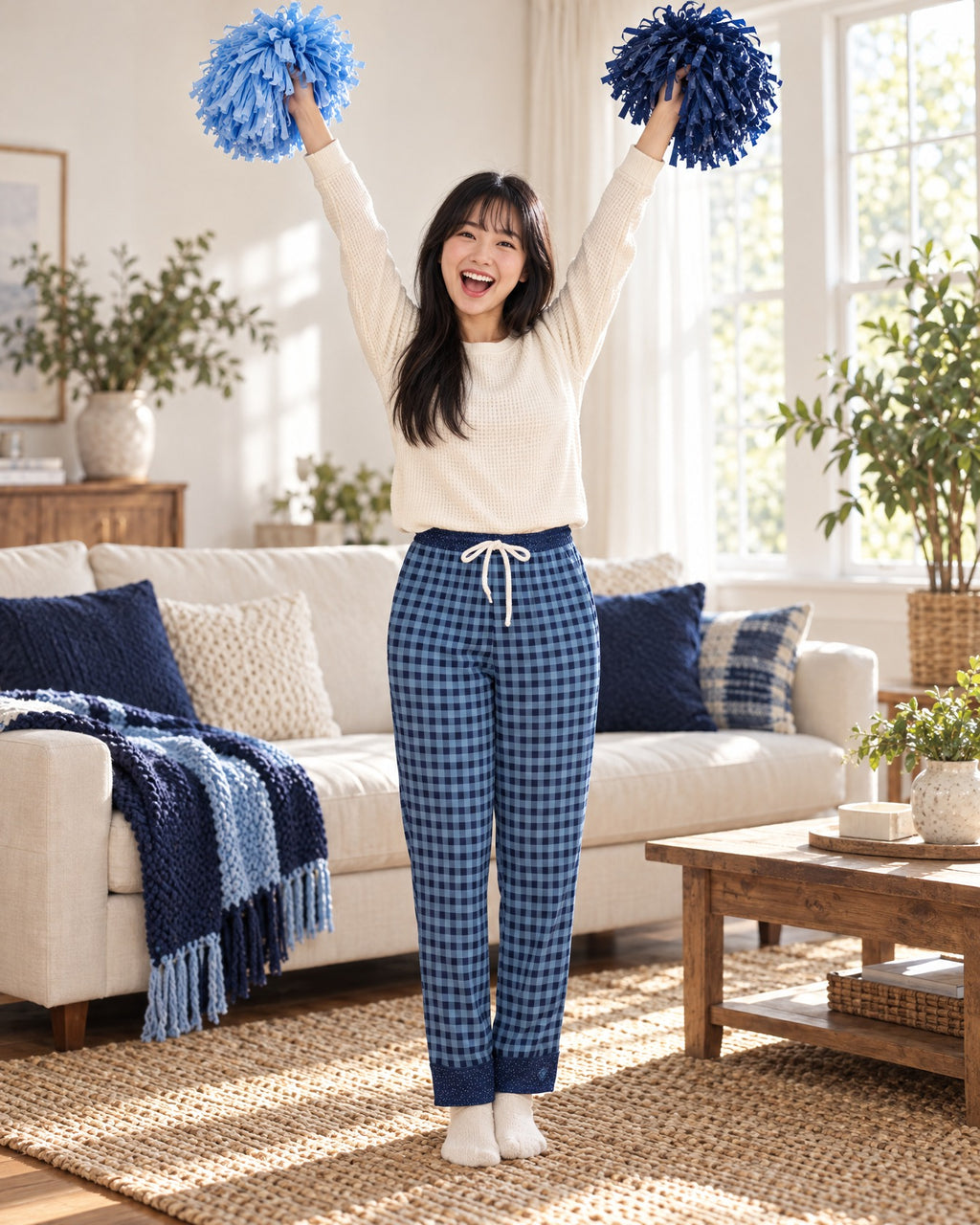 Woman cheering with both arms raised and plain pom-poms in the Sky Blue & Navy satin pajama pants and a cream knit top