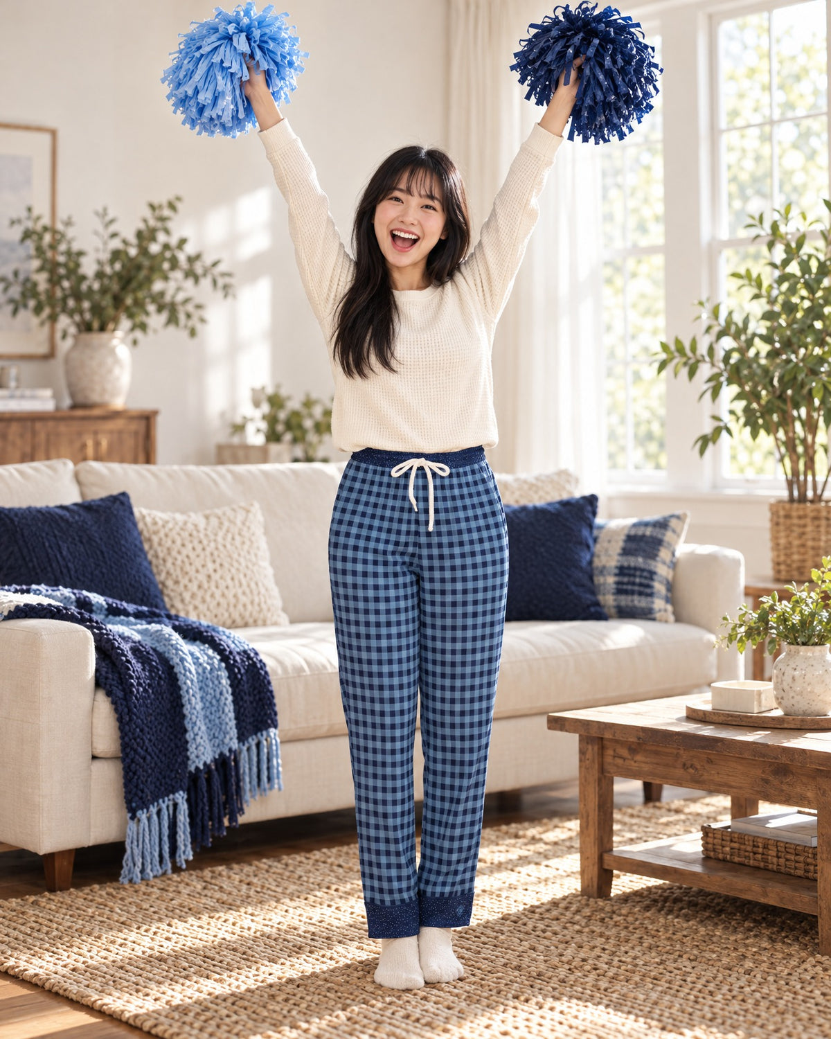 Woman cheering with both arms raised and plain pom-poms in the Sky Blue & Navy satin pajama pants and a cream knit top