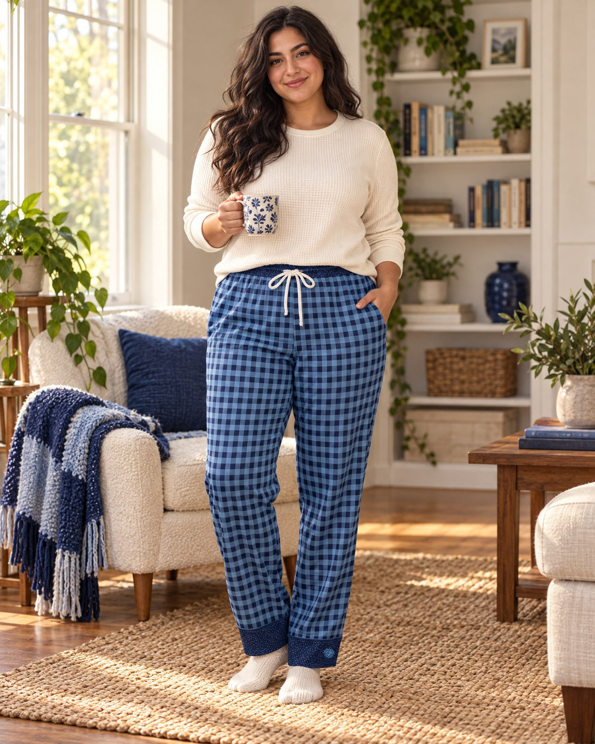 Woman in a different size standing in a cozy living room wearing the Sky Blue & Navy satin pajama pants with a cream knit top