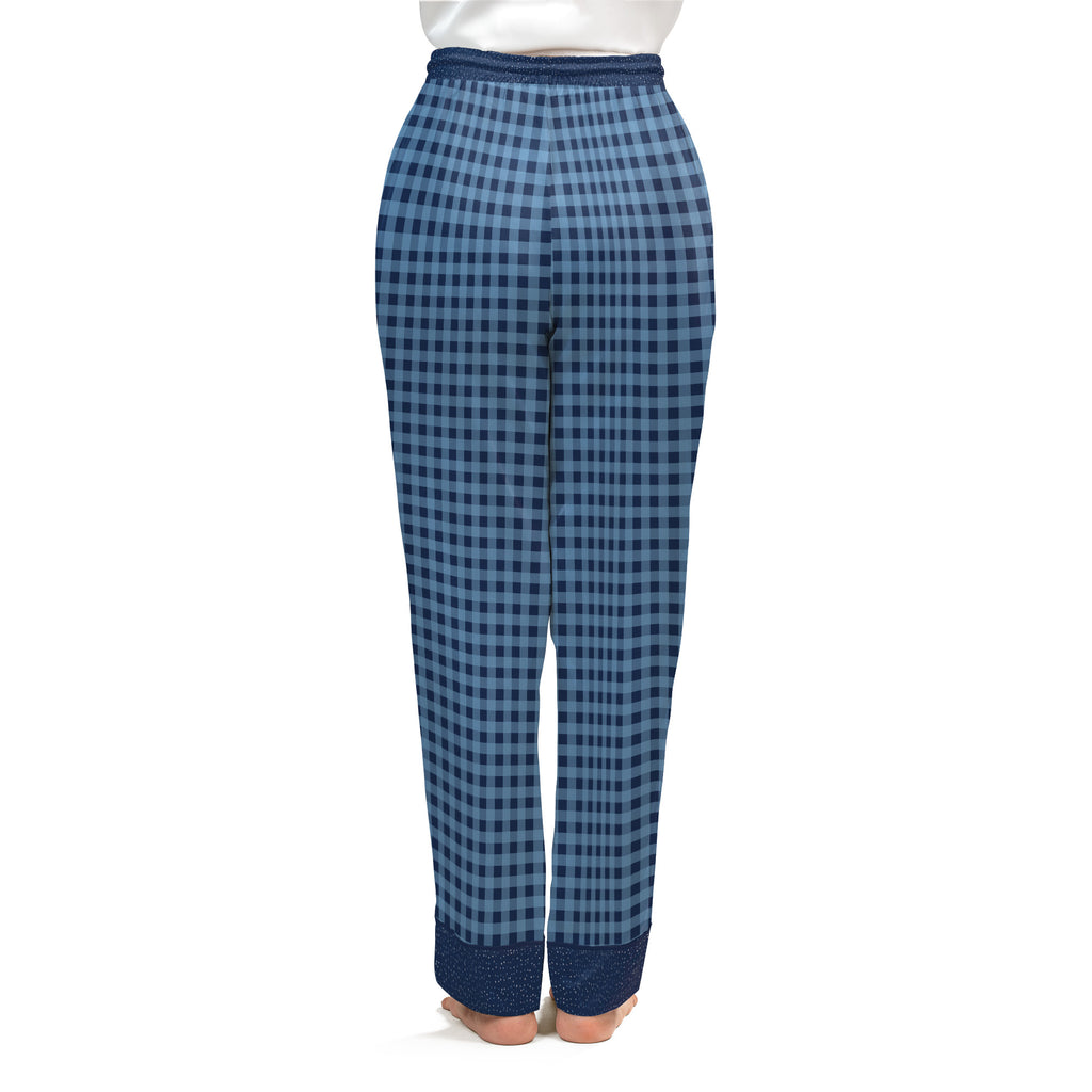Back view of the Sky Blue & Navy satin pajama pants on a plain white background