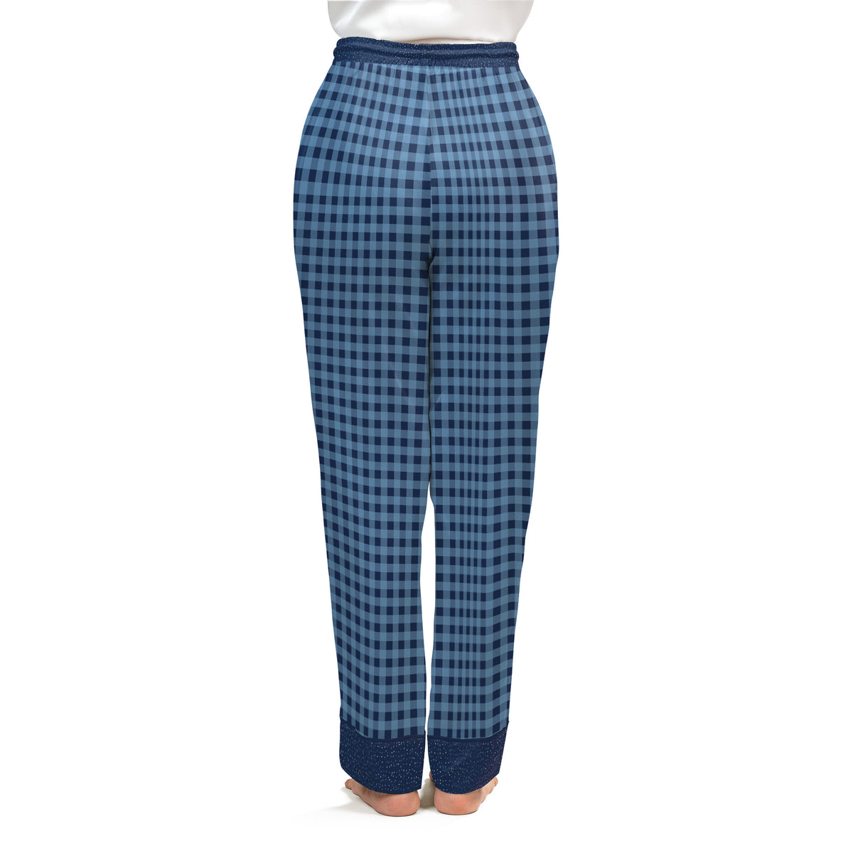 Back view of the Sky Blue & Navy satin pajama pants on a plain white background
