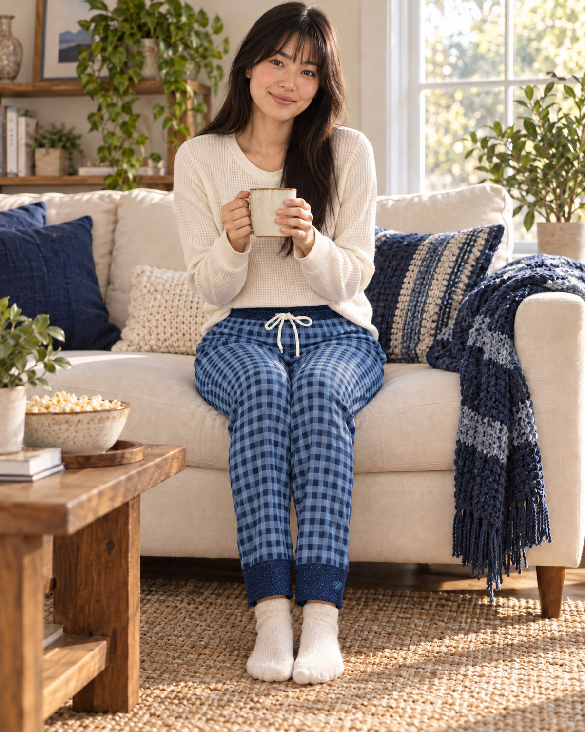 Woman sitting on a sofa holding a mug, wearing the Sky Blue & Navy satin pajama pants with a cream knit top and showing the plaid cuffs