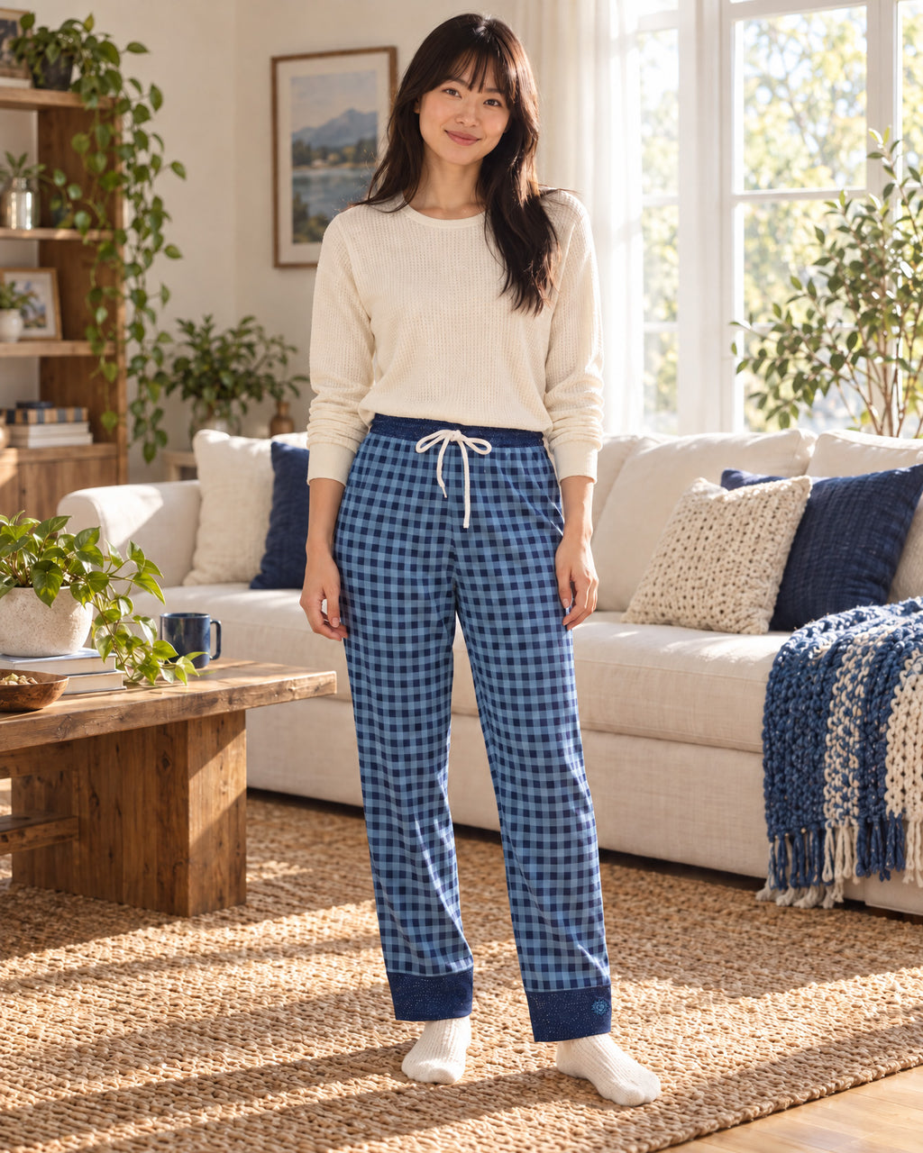 Woman standing in a sunlit living room wearing the Sky Blue & Navy satin pajama pants with a cream knit top