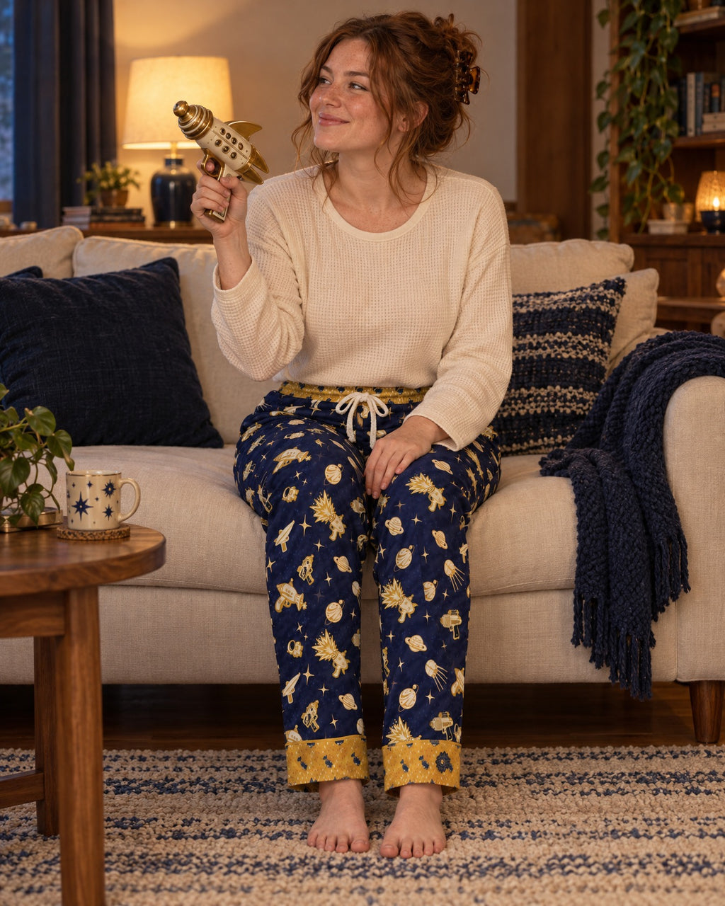 Woman sitting on a sofa holding a retro toy raygun, wearing the Space Raygun satin pajama pants with a cream knit top, navy with gold rayguns and gold cuffs