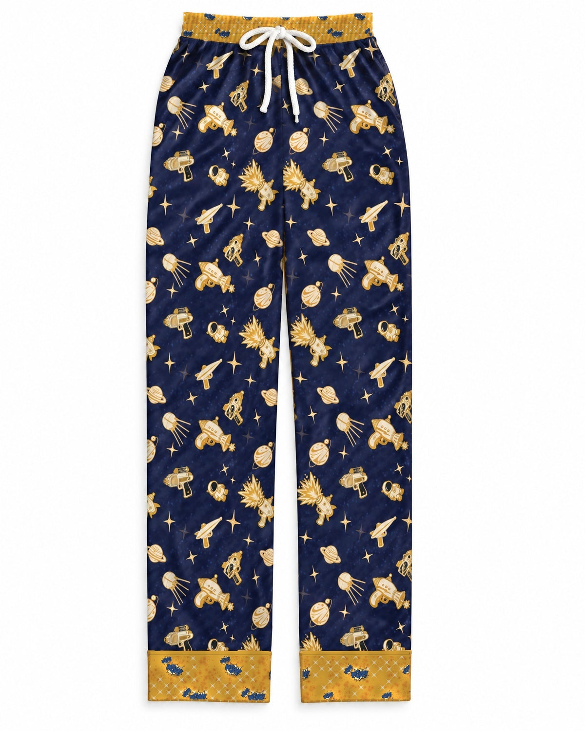 Space Raygun satin pajama pants laid flat on white: navy print of gold toy rayguns and planets, gold waistband with a white drawstring, gold cuffs