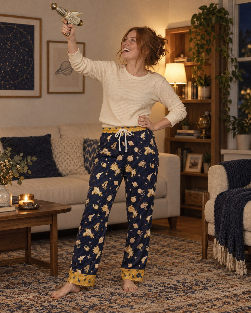 Woman laughing in the Space Raygun satin pajama pants, holding a retro toy raygun in the air