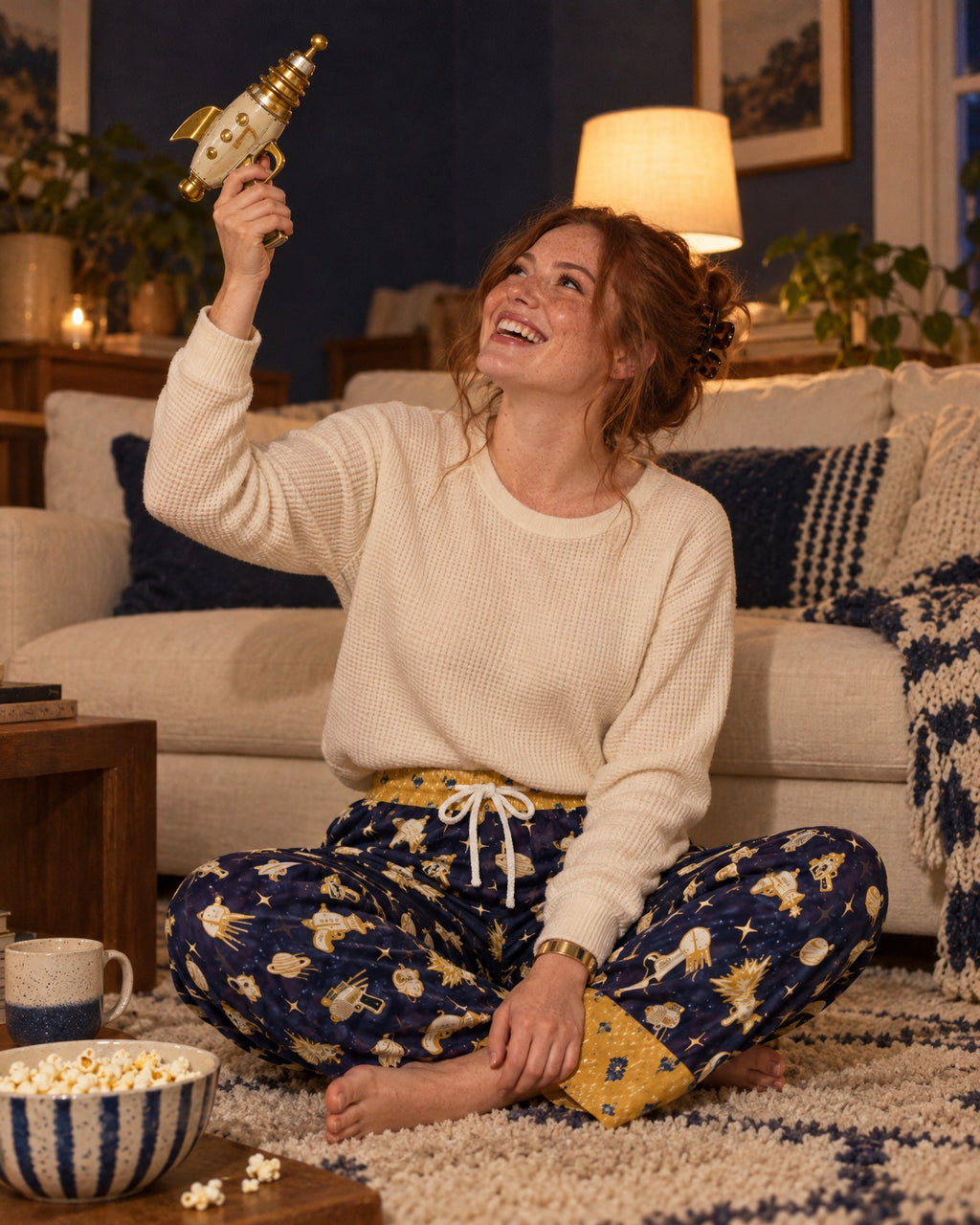 Woman sitting on the rug in the Space Raygun satin pajama pants, holding a toy raygun up and laughing