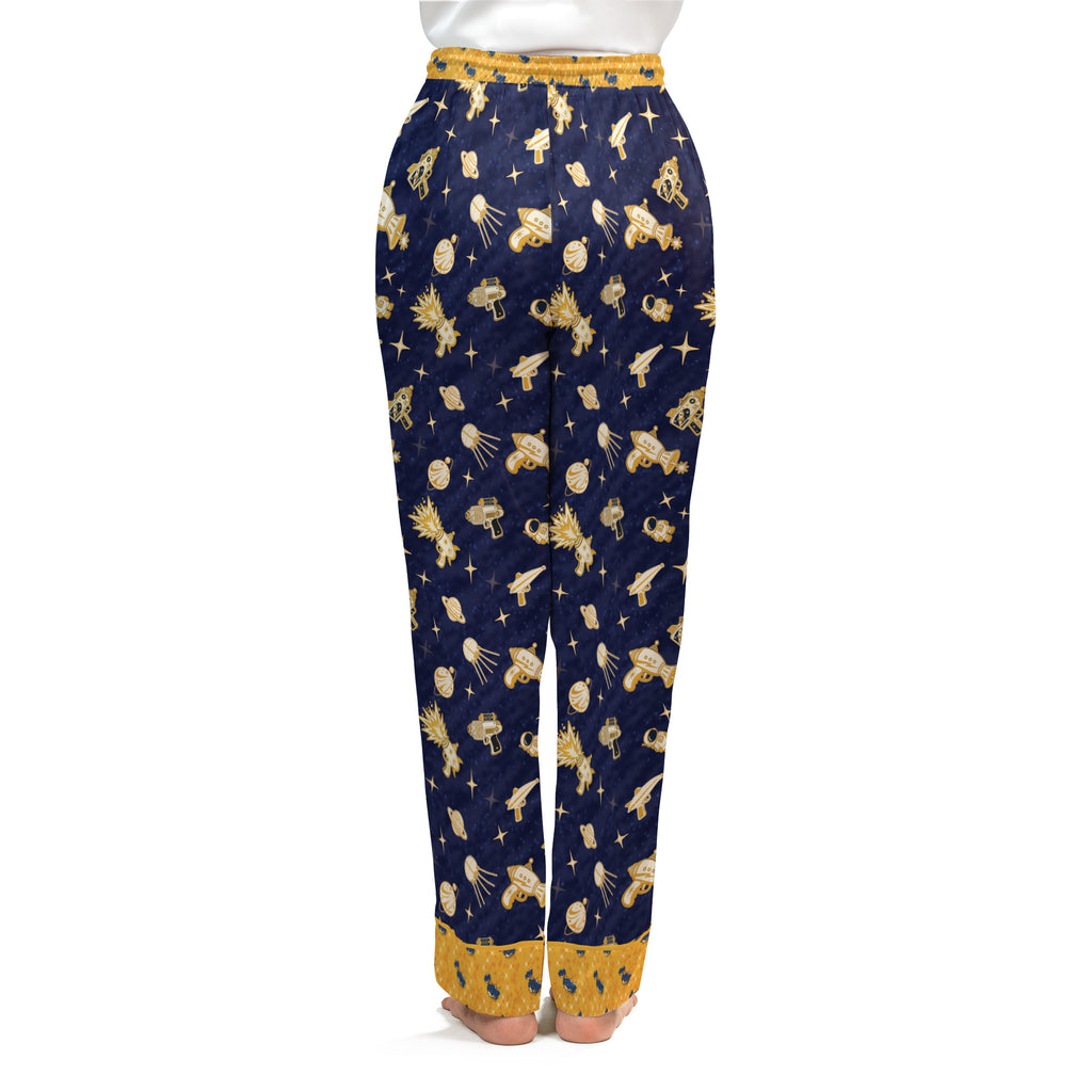 Back view of the Space Raygun satin pajama pants on a plain white background