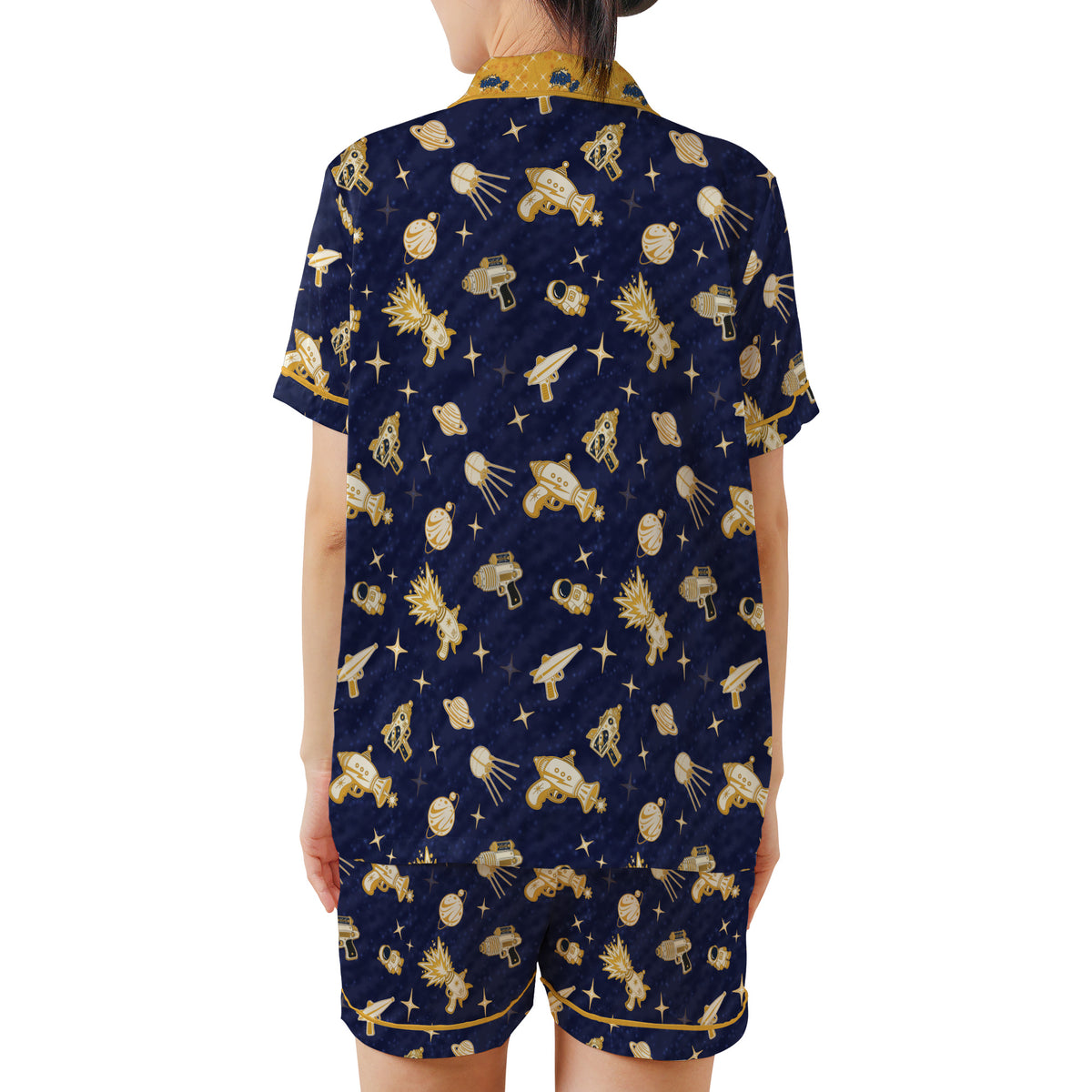Back view of the Space Raygun satin pajama set on a plain white background
