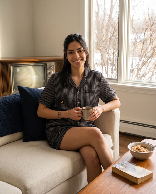 Grey and black pinstripe satin pajama set with spiderweb print and googly-eyed spiders