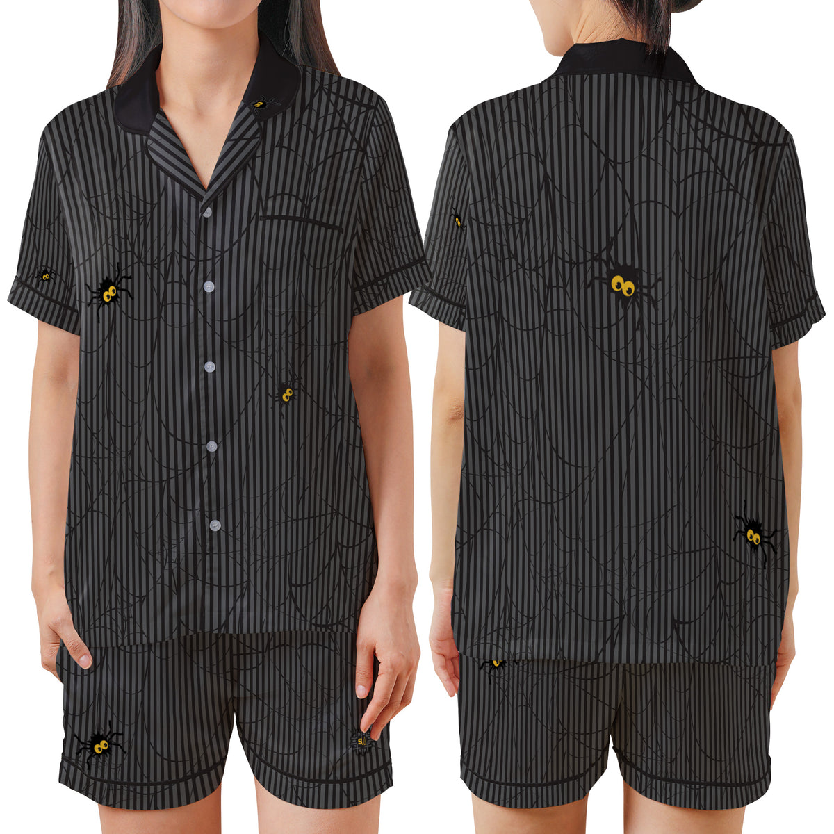 A woman modeling a matching short-sleeve button-up pajama shirt and shorts set, shown from the front and back. The set features a black and gray vertical stripe pattern overlaid with a spiderweb design and small yellow-and-black spider motifs.