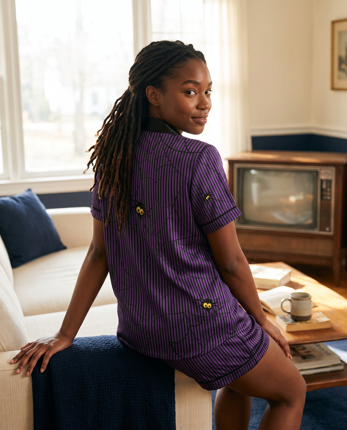 A woman with long dreadlocks sits on a white sofa in a living room, wearing a purple short-sleeve top with thin vertical black stripes and small yellow accents.