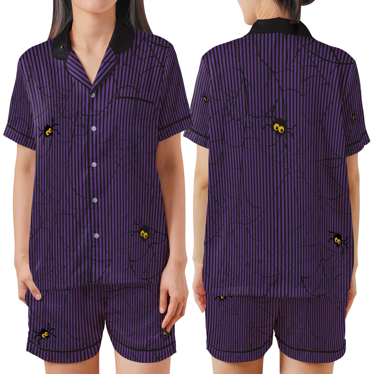 A two-piece pajama set shown on a model from the front and back, featuring a dark purple and black vertical stripe pattern with black spiderwebs and small yellow-and-black spider details.