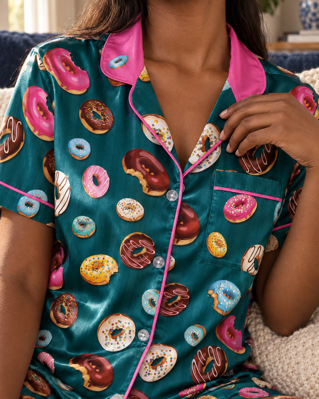 Teal Glazed Donut Pinstripe Satin Pajama Set