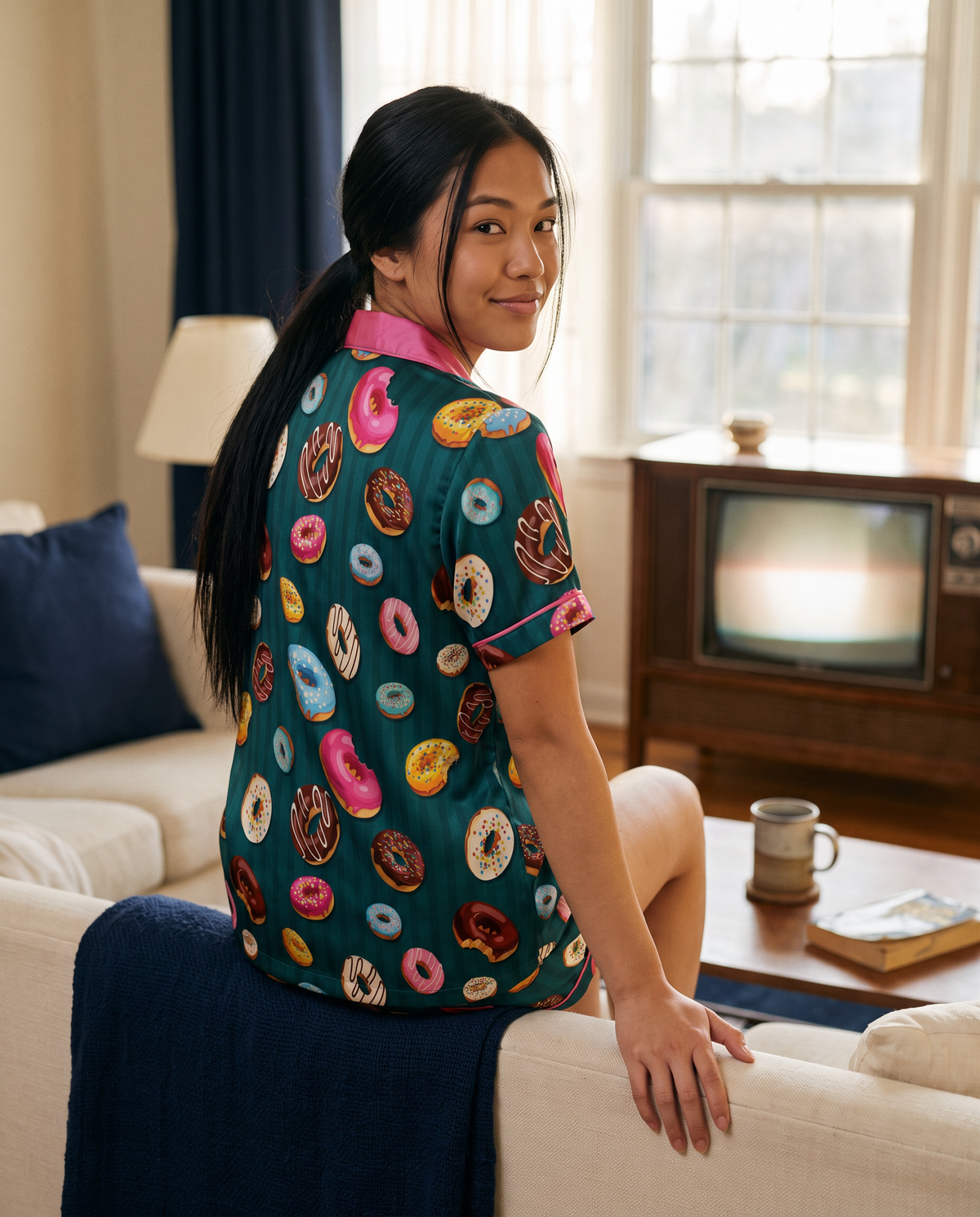 Teal Glazed Donut Pinstripe Satin Pajama Set
